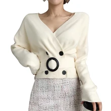 NIBESSER, Женский Осенний вязаный джемпер Харадзюку, женский сексуальный свитер с v-образным вырезом, Женский Повседневный двубортный пуловер с поясом