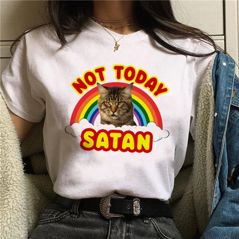 Для женщин нет Not Today Satan Harajuku футболка с принтом Ullzang милый кот футболки Женский не