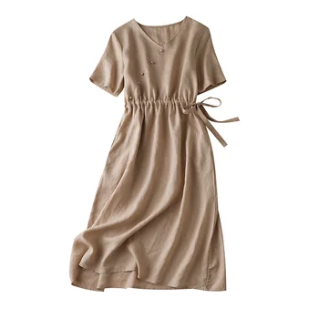 

Linen Vintage Dress A-Line Mid-Calf V-Neck Long Dress with A Sleeve Bestidos Verano Women's Long Summer Dresses 2020 new