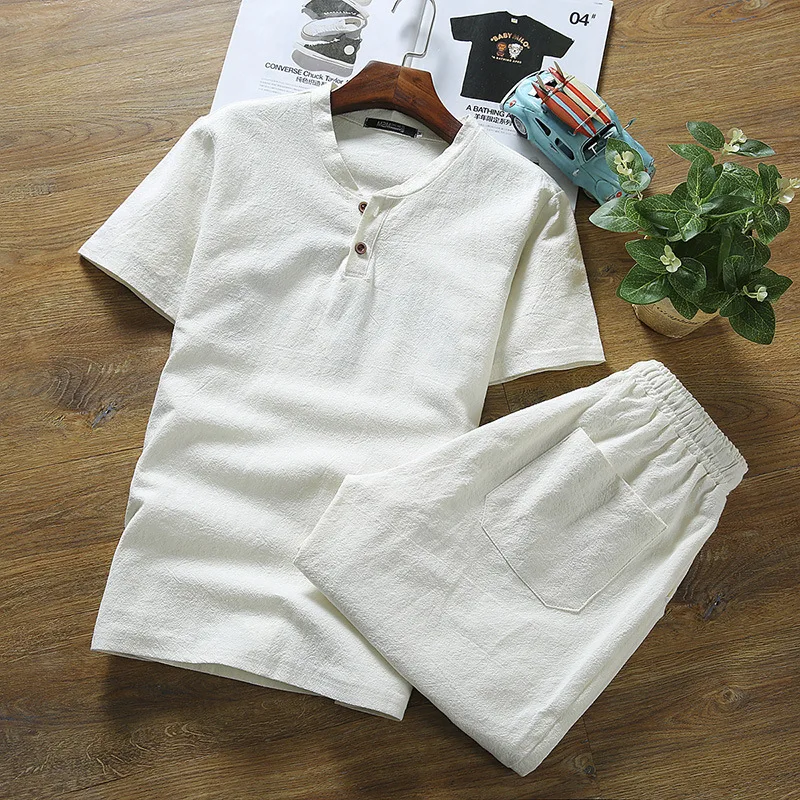 

2020Men Fashion Sets Summer Suit Fitness Suit Linen Men's Set Casual Solid Color Two Piece Set Men O-Neck Solid Sportswear