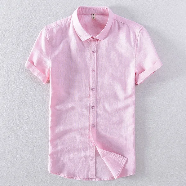 pink Летняя новая льняная рубашка с коротким рукавом, мужские брендовые хлопковые рубашки для мужчин, Повседневная модная рубашка, мужские однотонные удобные рубашки для мужчин - Цвет: pink
