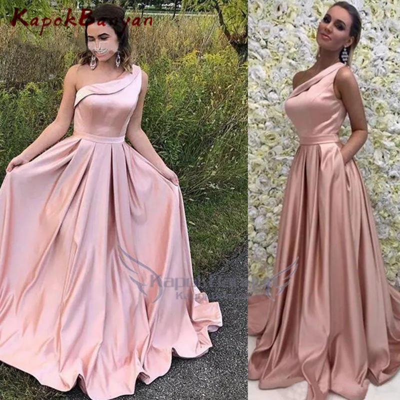 Элегантные Карманы Ruched одно плечо атласные выходные платья без рукавов вечернее платье
