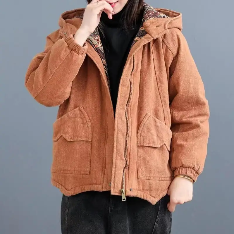 orrange coat for wom Стиль, винтажное пальто с капюшоном и двойными карманами на молнии, теплое хлопковое пальто кофейного цвета, повседневное пальто, Топ для женщин со шляпой, Z3 - Цвет: orrange coat for wom