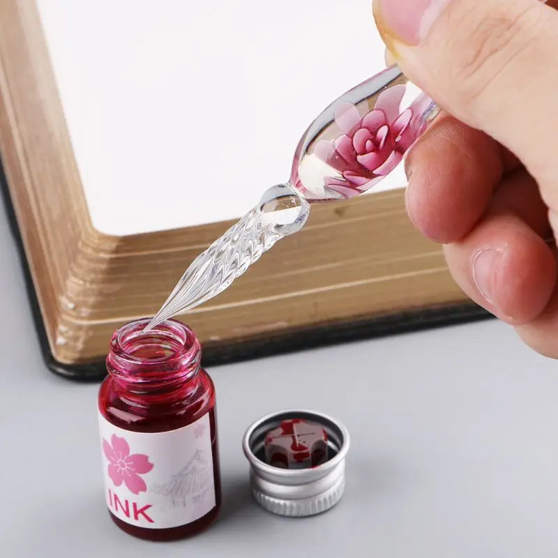 13Pcs/Set Cherry Blossom Rain Bottled Dip Glass Pen Ink With Fountain Dip Writing Signature Pen Art Supplies Gifts