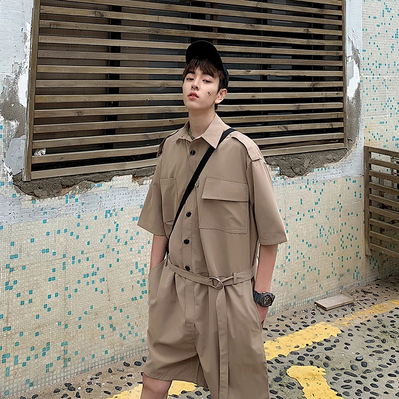 New Jumpsuit Men Summer Men's Half Sleeve Belt Pockets Jumpsuit Hip Hop Man Streetwear Pants Short Overalls Men