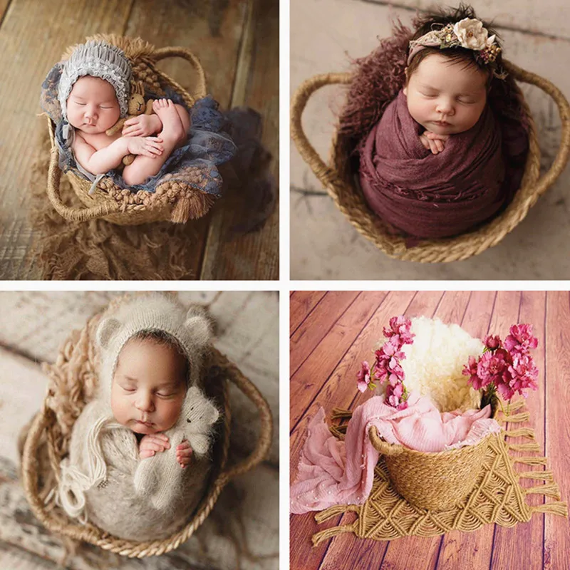 Newborn Photography Props Photography Accessori Natural Straw Hand-woven Basket Fotografia Infantil Baby Milestone Photo Shoot patchi baby souvenirs