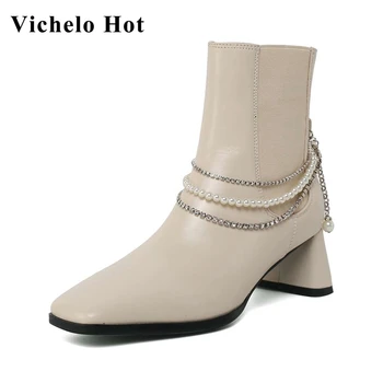 

Vichelo Hot genuine leather square toe high heel Chelsea boots pearl chain decoration pretty girls dance party ankle boots L48