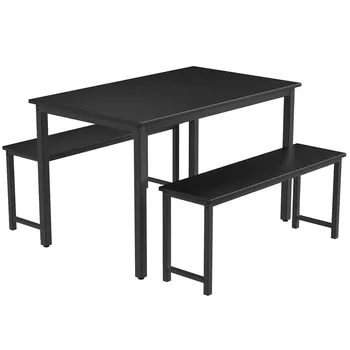 

Dining Room 3 Pieces Farmhouse Kitchen Table Set with Two Benches Metal Frame and MDF Board Modern Furniture for Home Cafeteria