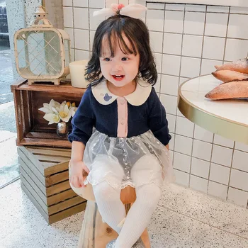 

infant baby jumpsuit Sweet and cute doll collar girl's romper Embroidered mesh stitching long-sleeved soft cotton rompers