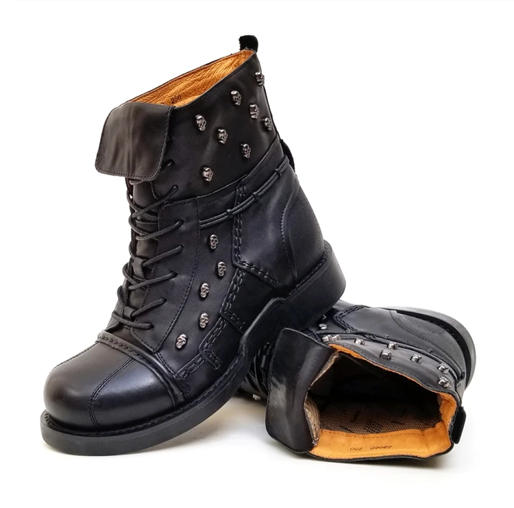 Мужские ботинки в байкерском стиле; ботильоны из натуральной кожи на шнуровке с черепом