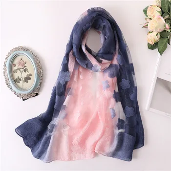 

2020 Spring Winter Silk Scarf Women Soft Organza Flower Pattern Scarves Shawls Luxury Brand Gradient Color Bandana Pashmina Bib