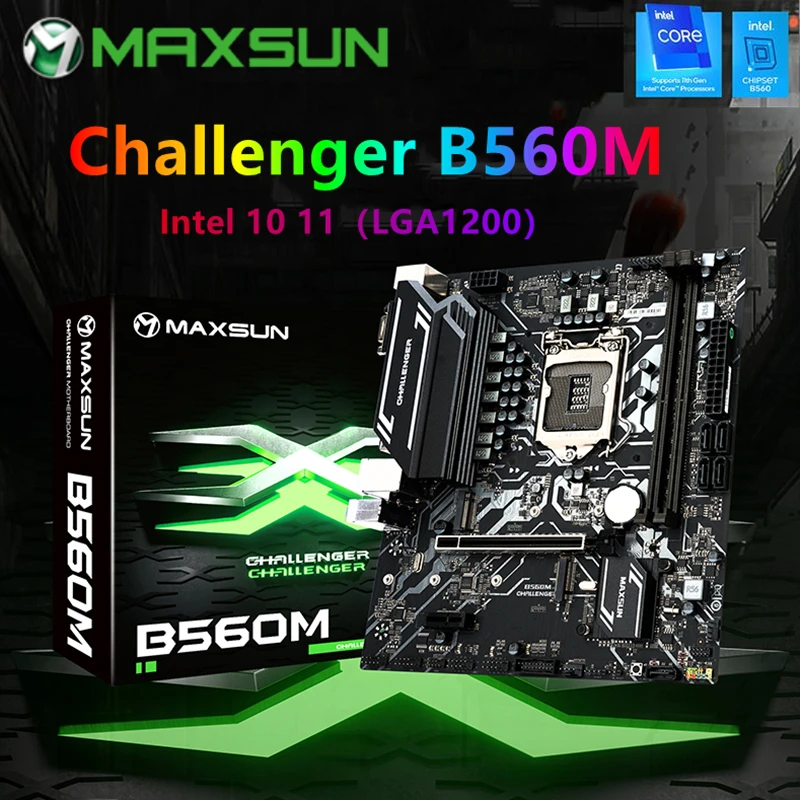 Материнская плата MAXSUN Challenger B560 USB3.1 LGA1200 M-ATX SATA 3 0 NVME Поддержка intel 10 11 Core Dual channel DDR4 |