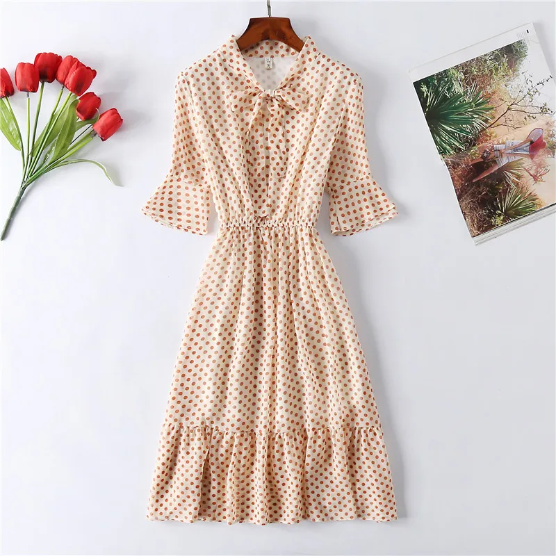 

New Women Fashion Floral Dress Vintage Print A Line Tight Waist Bow Tie Neck Slim Dress Party Black White Short Sleeve Vestidos