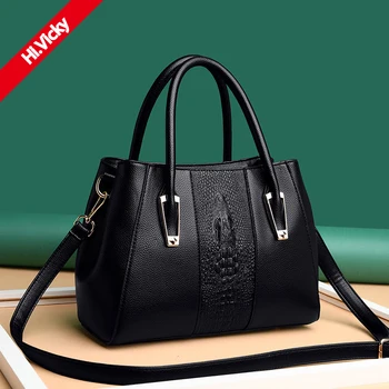 

Hi Vicky 2020 High Quality Genuine Leather Black Female Handbag European Luxury Fashion Classic Lady Shoulder Bag Alligator