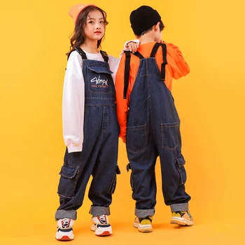 

Kid Hip Hop Clothing Casual T Shirt Tops Loose Bib Jeans Pants for Girls Boys Jazz Dance Costumes Ballroom Dancing Clothes Wear