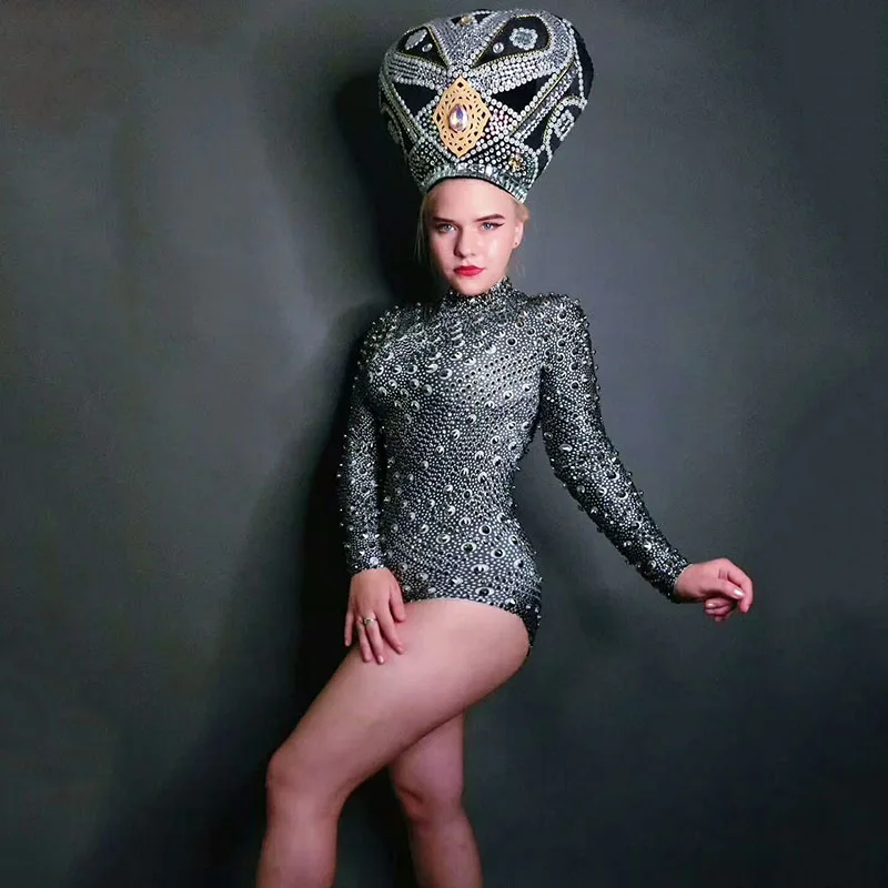 Dj Black Rhinestones Эластичный длинный сценический костюм для взрослых Комбинезон сценический костюм Певица Sexy DJ Сценические костюмы для певцов Комбинезон Боди Женская одежда DS