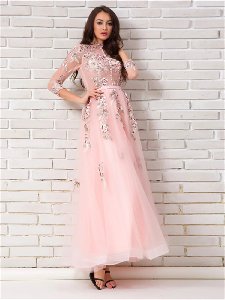 Vestidos largos fiesta розовое вечернее платье с длинными рукавами с цветочным принтом, доходящая до пола Тюль Вечерние платья вечерние платья для