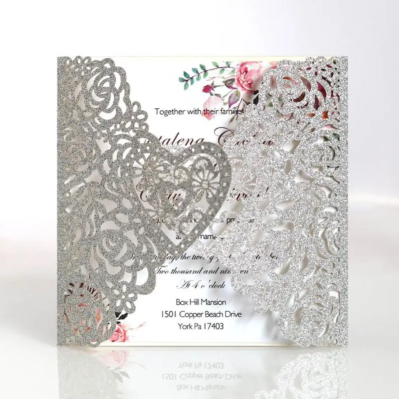  10pcs Glitter Laser Cut Rose Heart Shape Wedding Invitations Card Party Supplies 831F - 4000277149019