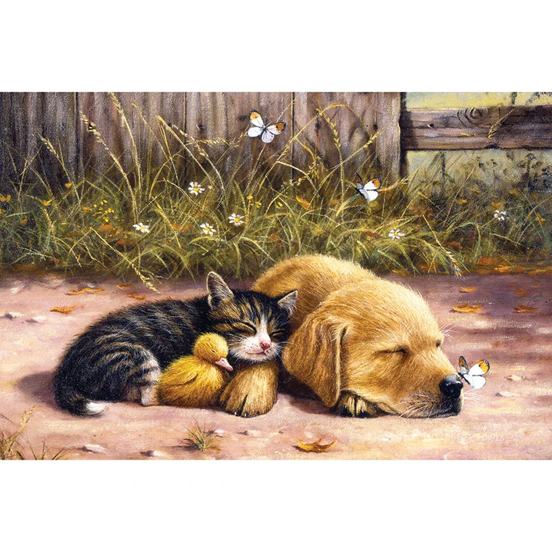 

Diamond Painting Cross Stitch Sleeping Puppy And Kitten Full Square Needlework Craft Diamond Embroidery Room Decor