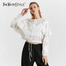 TWOTWINSTYLE Ruffle Hollow Shirts For Women O Neck Perspective Bowknot Lace Up Shirt Blouse Female Autumn Fashion New