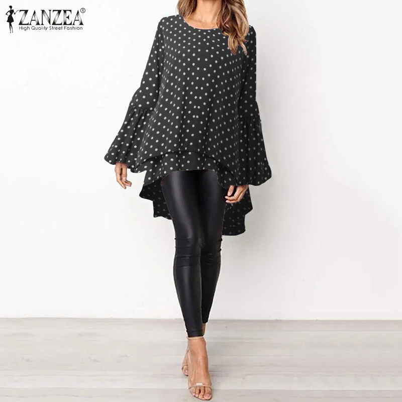 C Dot Black Lantern Sleeve Layered Shirts Women Asymmetrical Blouse ZANZEA Fashion Tops Female Casual Blusas Femininas Plus Size Shirts - Color: C Dot Black