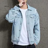 Buy 2021 Autumn Solid Casual Slim Men Denim Jacket Bomber Jacket Men Tearing Hole Cowboy Men Jean Jacket Hombre Online