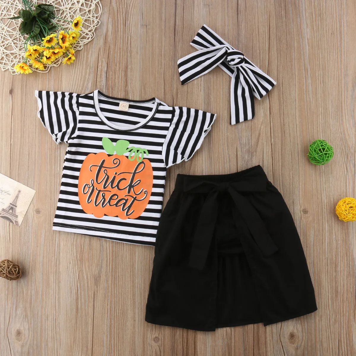 Fashion Girls Clothing Set Newborn Girl Kids Halloween T-shirt Pants Headband Princess Dress Clothes 1-5T