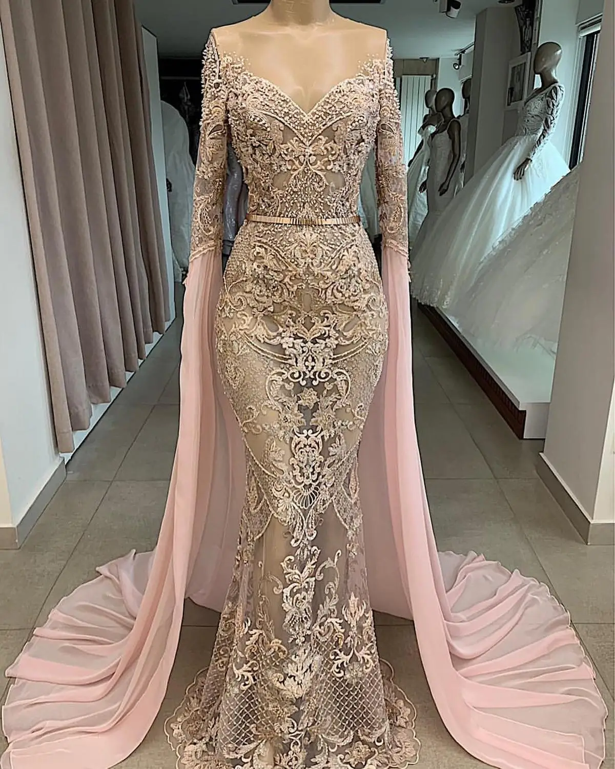 Robe De Soiree Роскошные кружевные аппликации вечернее платье с длинными рукавами с открытыми плечами с юбкой-годе вечерние платья