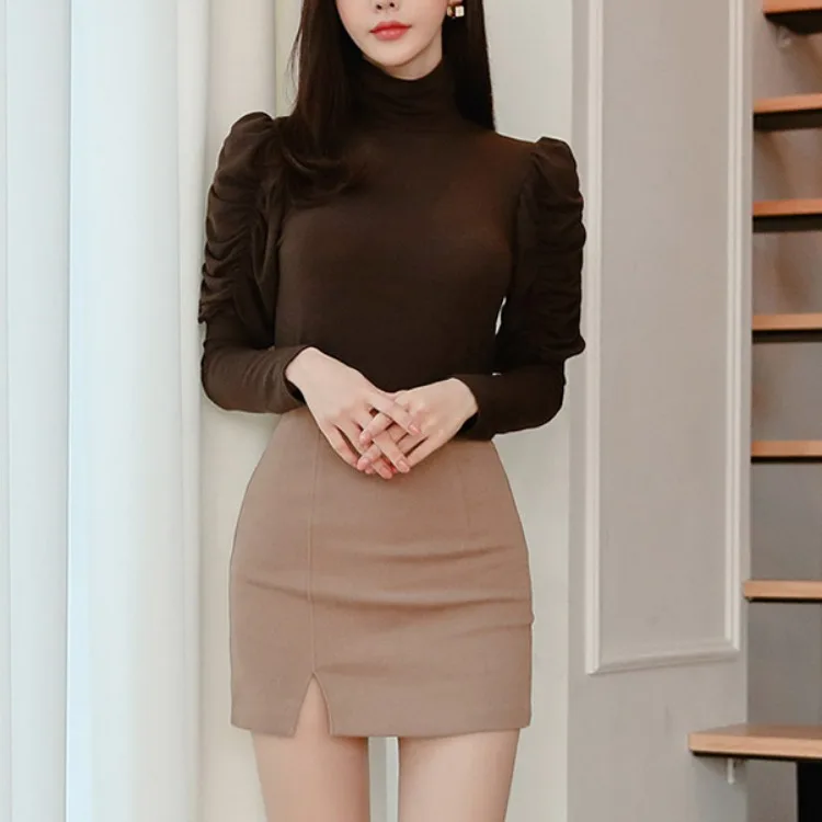 

WOMEN'S Dress 2020 New Style Debutante-Style Half Turtleneck Lantern Sleeve Tops + Sheath Skirt Set