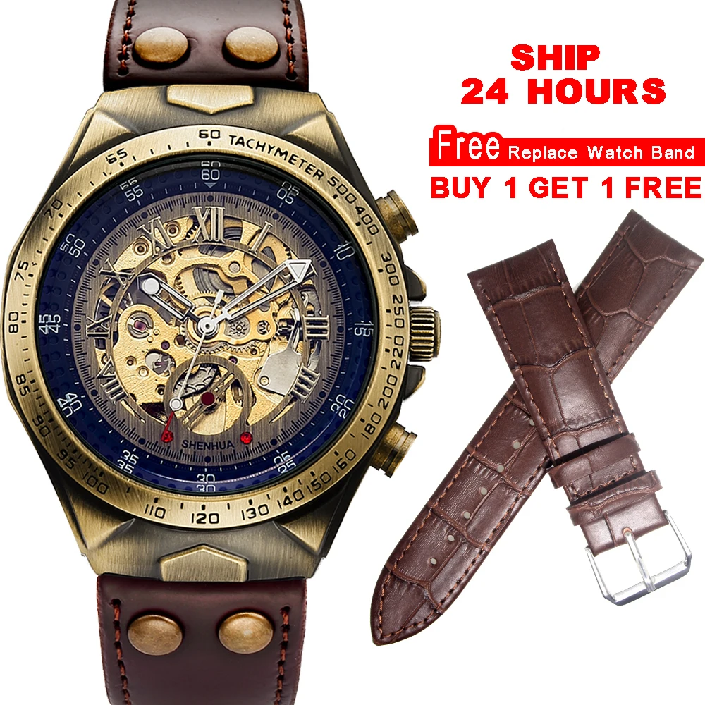 $21.6 Mechanical Watches Steampunk Bronze Automatic Watch Men Vintage Transparent Skeleton Watch Man Cloc