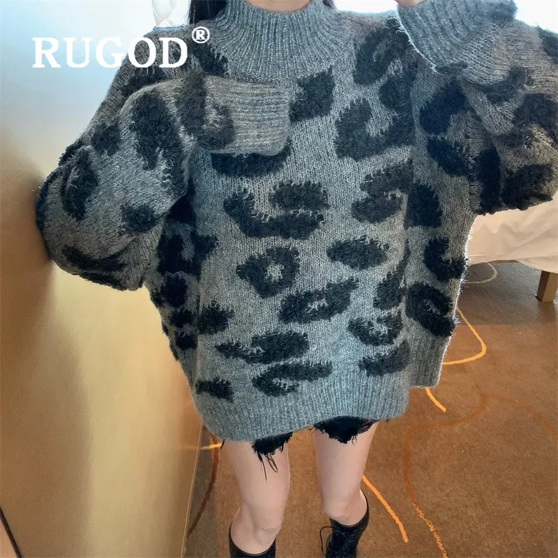 Женские свитера RUGOD, зима, Леопардовый узор, негабаритный вязаный пуловер с круглым вырезом, свободный Толстый Пуловер, корейский модный Повседневный Топ