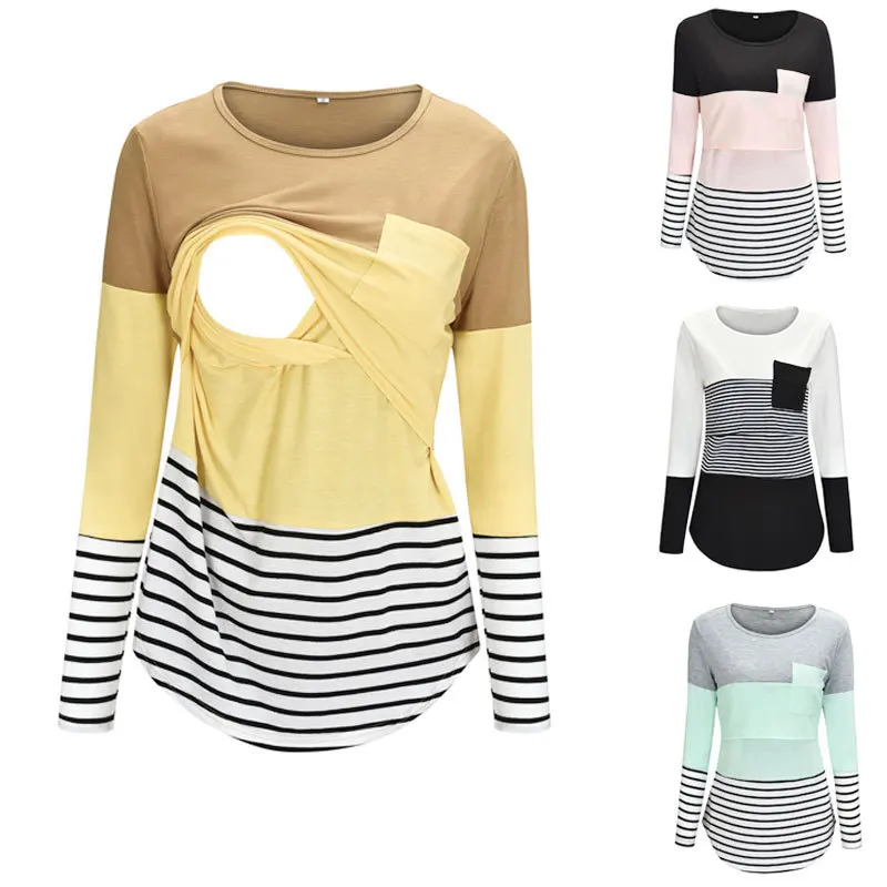 

2019 New Style Europe And America Hot Selling Stripes Joint Long Sleeve Nursing Feeding Tops T-shirt
