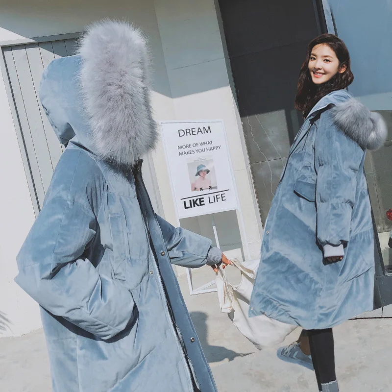 

INS Cotton Coat Women's Mid-length 2018 Winter New Korean Gold Velvet Thick Cotton-padded Jacket Large Fur Collar Loose-Fit down