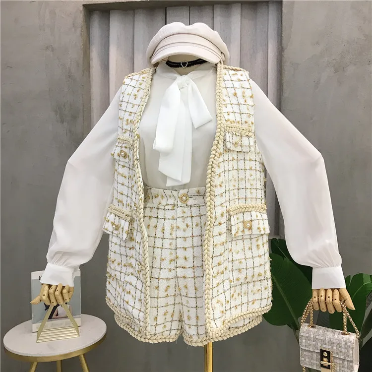 

2019 Autumn New Women Small Fragrance Bow Chiffon Shirt + Tweed Vest Jacket + High Waist Shorts Three Piece Lady's Shorts Set