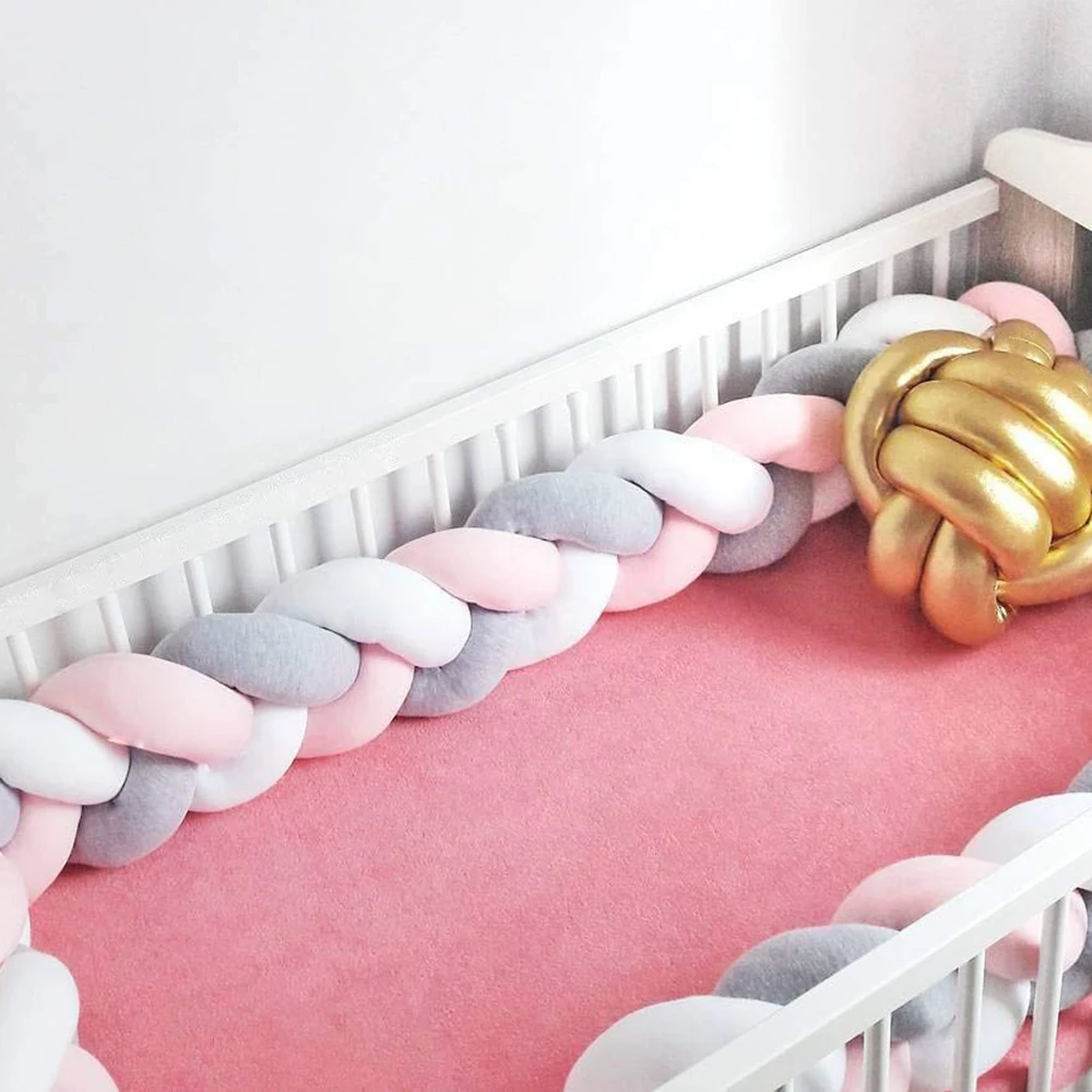 Baby Crib Bumper Knotted Braided Plush Nursery Cradle Decor Newborn Gift Pillow Cushion Junior Bed Sleep Bumper (2 Meters, Whi