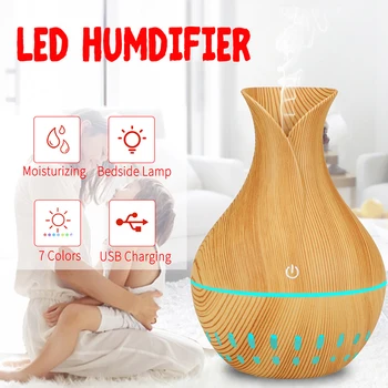 

Vase Shape Wood Pattern Air Mist Humidifier Purifier Essential Oil Diffuser LED Night Light