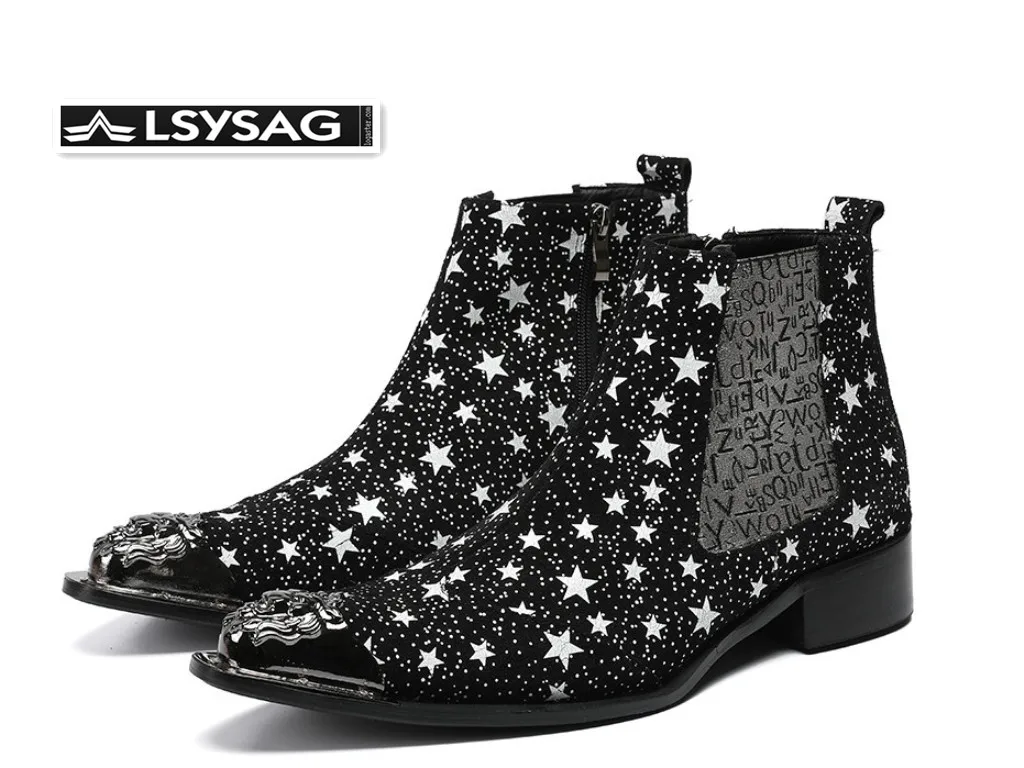 

Fashion Star Printing Men Chelsea Boots Winter Suede Leather Men Luxury Ankle Boots Pointed Toe Dress Shoes Plus Size