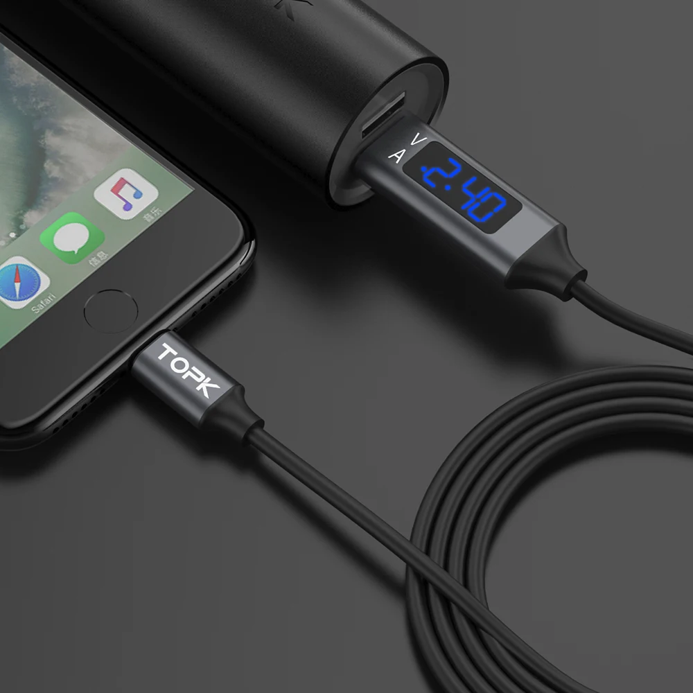 TOPK кабель для быстрой зарядки для iPhone, USB кабель для синхронизации данных с ЖК-дисплеем и напряжением тока для iPhone 11 Pro Max Xs Xr X 8 7 6s Plus