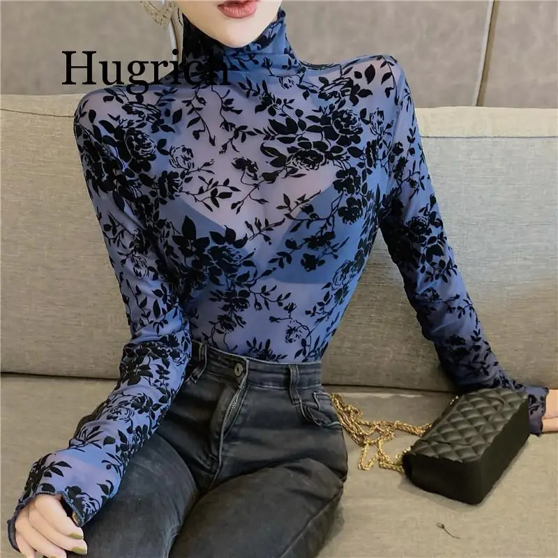 

2020 Girls Transparent Flocking Mesh Blouses Shirts Tees Female Turtleneck Sexy Full Sleeve Blouses Tops For Women