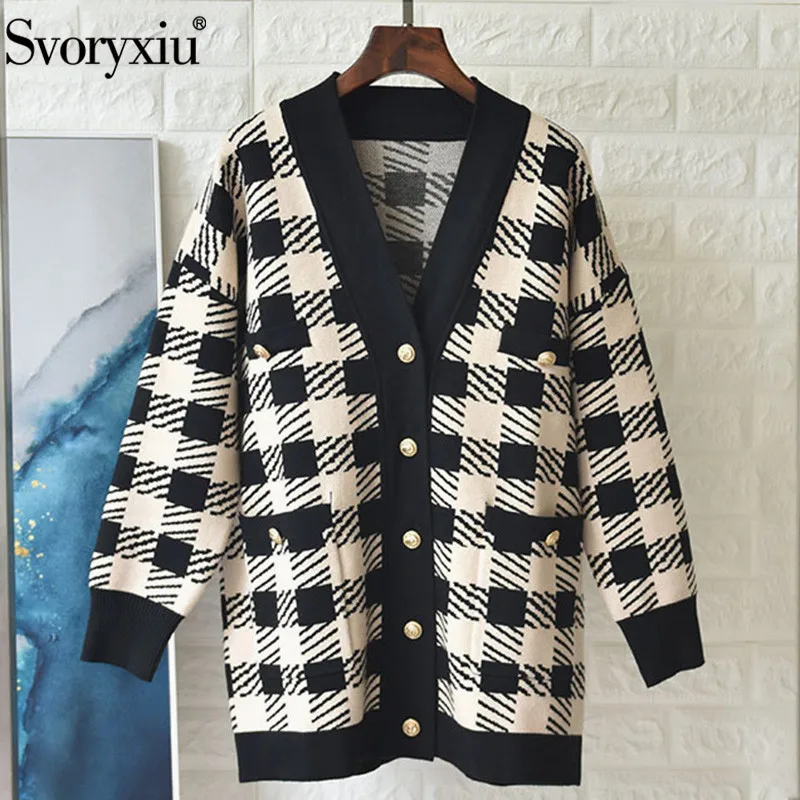 

Svoryxiuv Women's Designer Autumn Winter Knitting Cardigan Overcoat Long Sleeve V-Neck Geometric Pattern Loose Sweater Coat