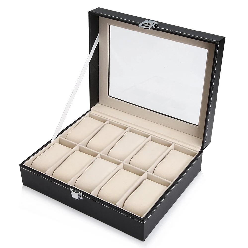 10 12 Slot Watch Box Storage Watch Box PU Leather Watches Display Case Jewelry Boxes Watches Organizer Glass Top Watch Holder