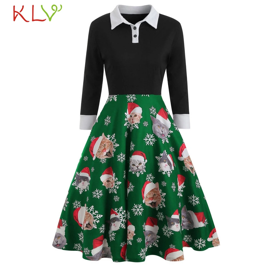 Рождественское платье, винтажное платье-рубашка с принтом снежной кошки, костюм, элегантное вечернее платье, женская одежда, зимние платья, 19Oct