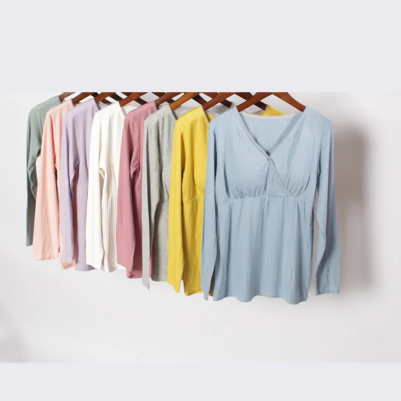 

New Style Modal Sunken Stripe Cross Hidden Button Nursing Loose-Fit Confinement Clothing Maternity Clothes Long Sleeve Large Siz