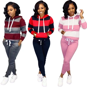 

SZMALL Newest Fashion 2020 Women Set Full Sleeve Hooded Sweatshirt +Long Pants Female Striped Sportwear Clothes Sets