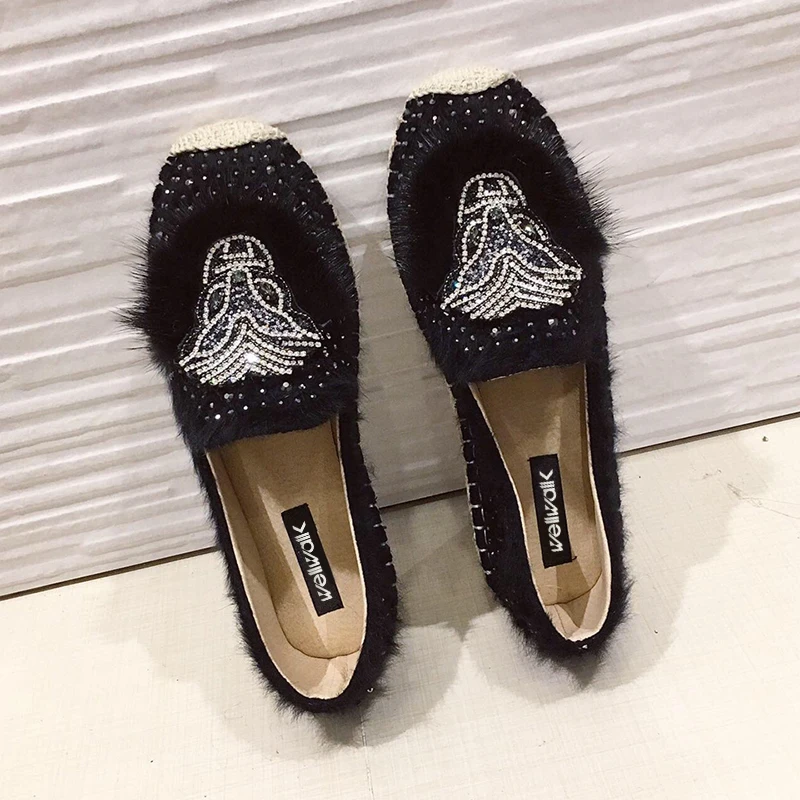 Fashion Hemp Loafers Women Espadrilles Flats Shoes Sewing Rhinestone Round Toe Ladies Casual Moccasins Slip On Brand Style New - Цвет: 80Black