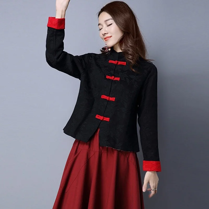 New Year Chinese Style Clothing Women Hanfu Vintage Long Sleeve Cotton Linen Tang Suit Traditional China Fashion Tops Coat 12073