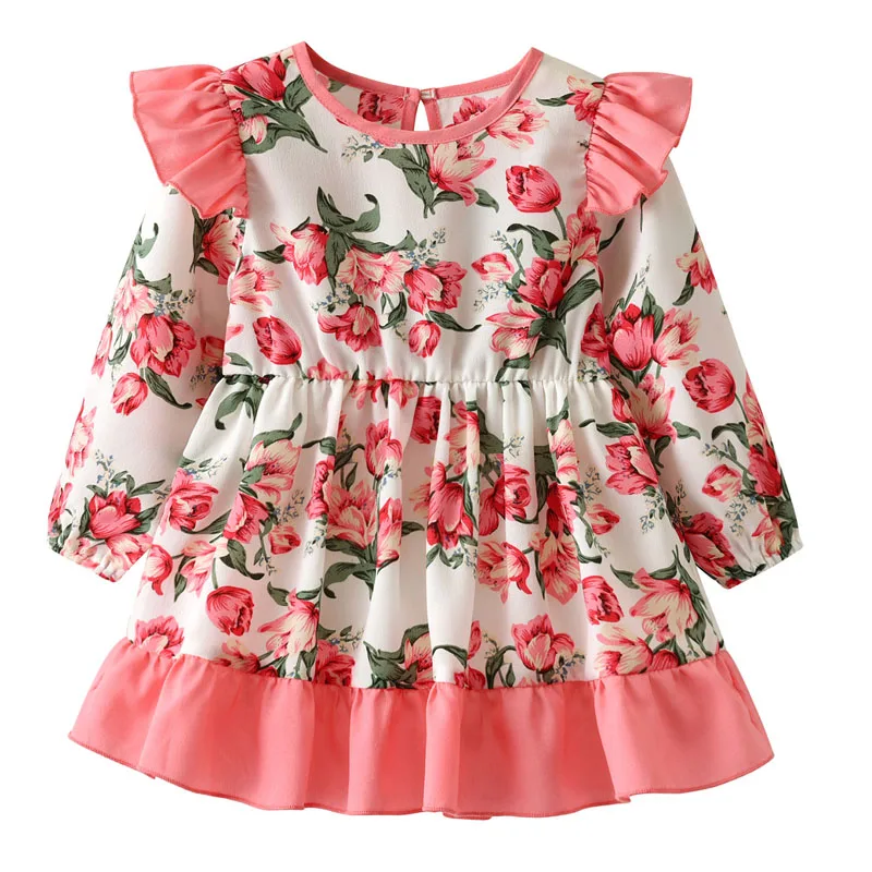 Новое платье для девочек; весенне-осеннее платье для маленьких девочек; платье с розами; праздничное платье принцессы с длинными рукавами; рождественское детское платье