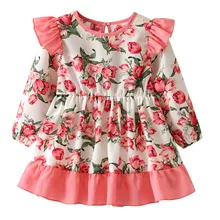 Новое платье для девочек; весенне-осеннее платье для маленьких девочек; платье с розами; праздничное платье принцессы с длинными рукавами; рождественское детское платье