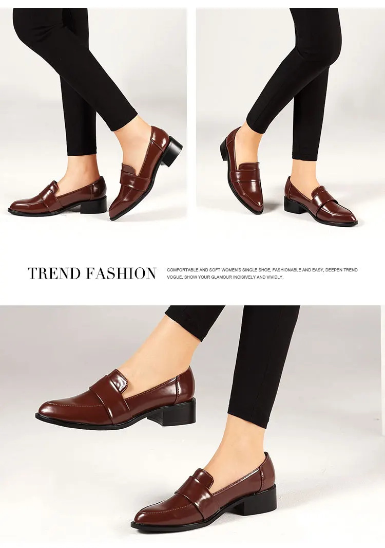 Chunky heels japanned leather shoes woman pointed toe large sizes 35-42 flats slip on casual comfy loafers solid brief moccasins
