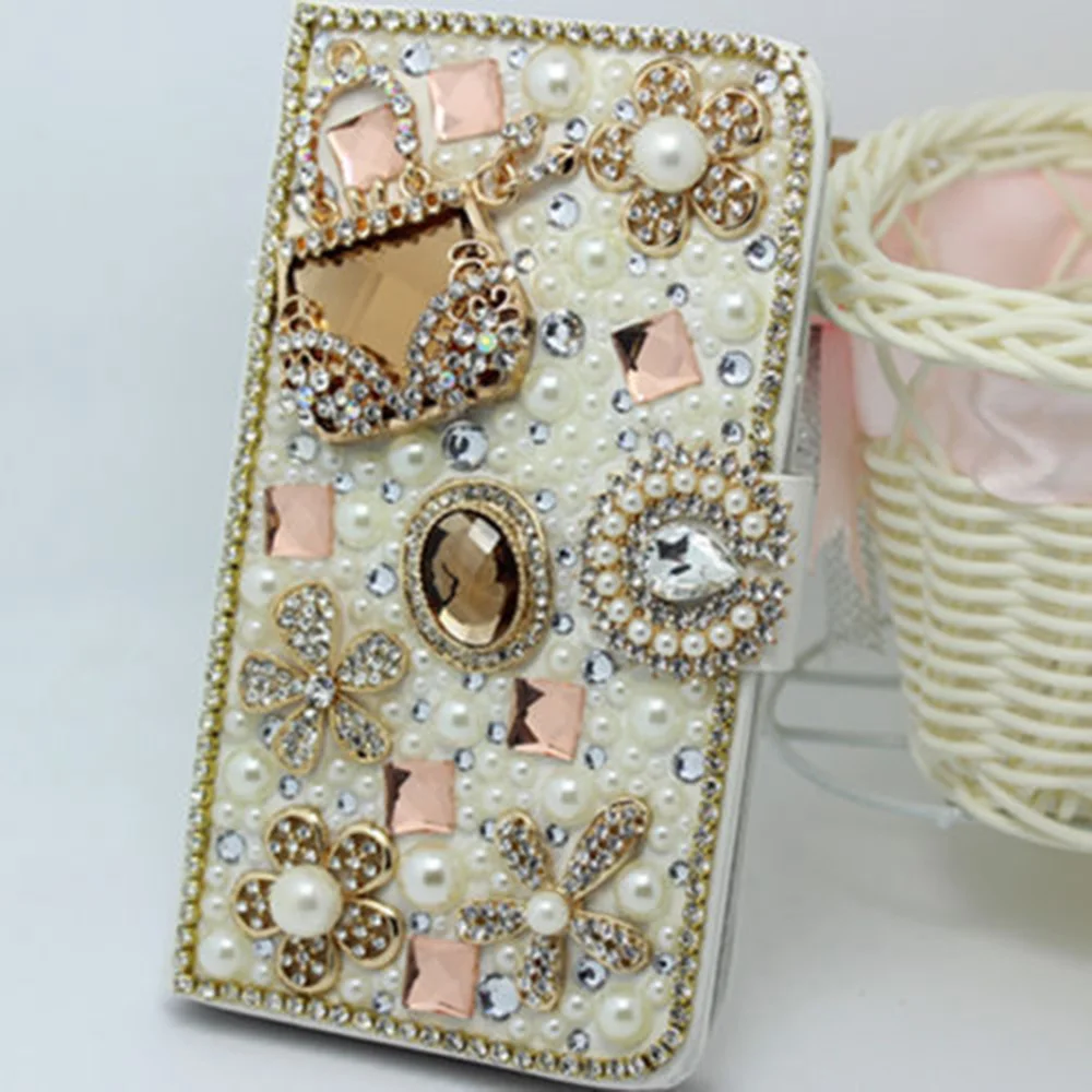 Luxury Bling Handmade Glitter Rhinestone Pearl Leather Flip Wallet Phone Case For iPhone14 11 12 13 Pro MAX XR Xs 7 15 Plus